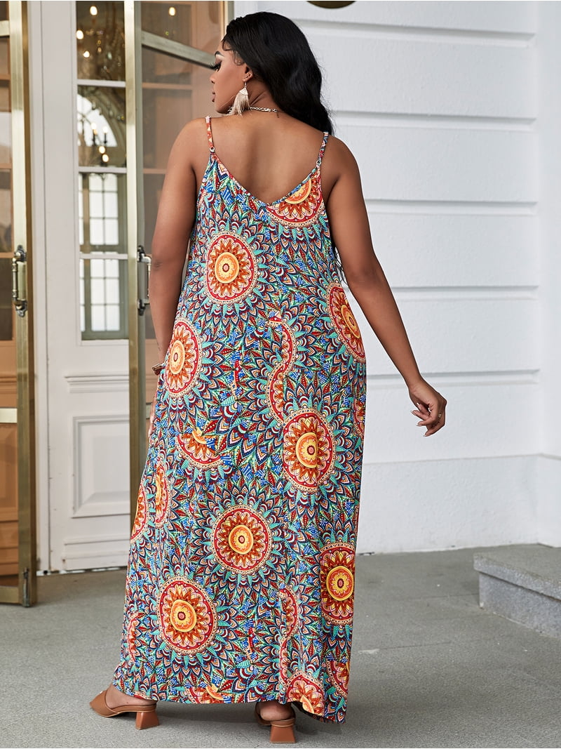 plus size boho tunic dress CALIPESSA Womens Summer Mandala Print Loose Casual V Neck Cami Dress, 0XL-4XL Category_Default Category/Frank Lyman Women Asymmetric Spaghetti Strap Size:8Y-9Y This linen tunic dress
