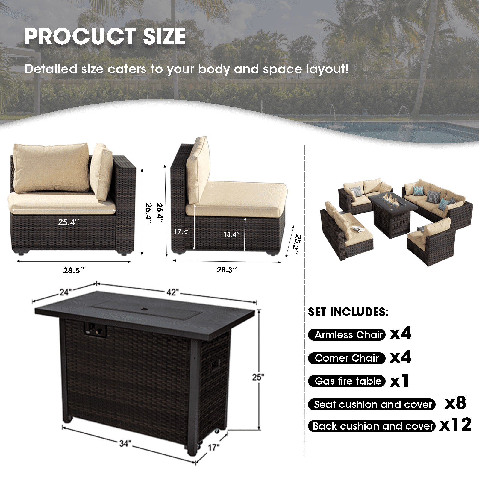 Grezone 9 Pieces Patio Furniture Set with Fire Pit Table, All Weather Outdoor Sectional PE Rattan, Patio Conversation Sets with Gas Fire Pit and Cushions for Garden Lawn Balcony Porch Deck, Beige