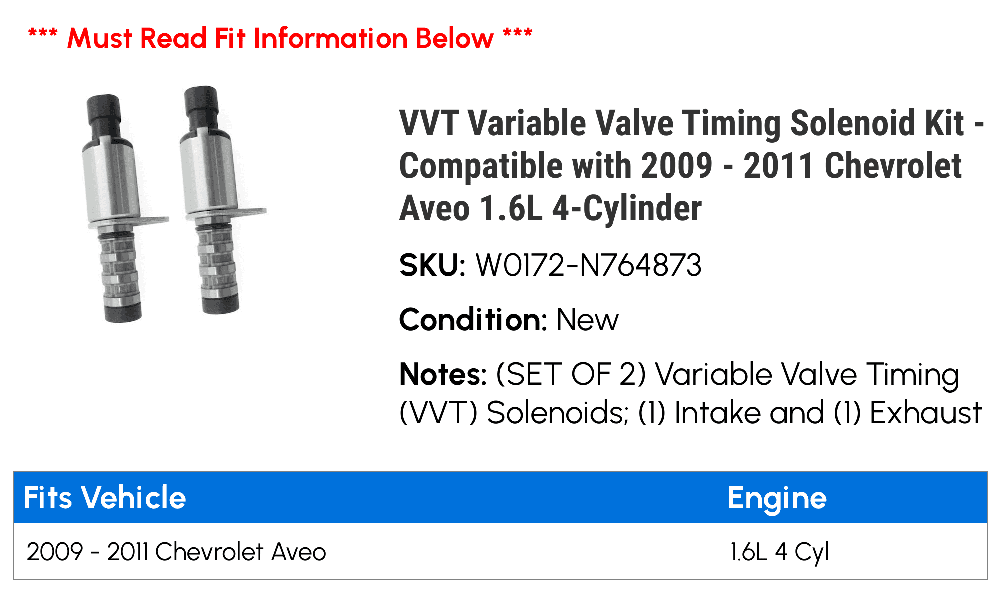 VVT Variable Valve Timing Solenoid Kit - Compatible with 2009 - 2011 Chevy Aveo 1.6L 4-Cylinder 2010