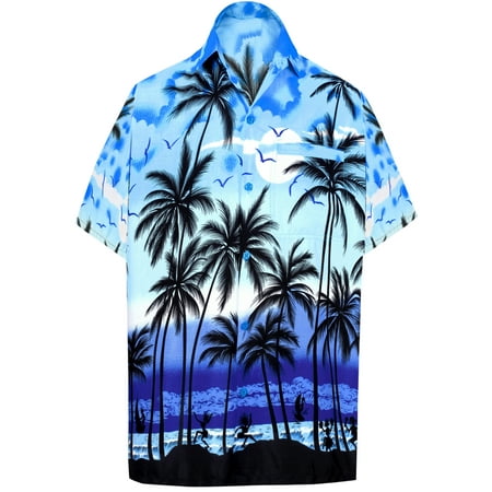 - Men's Beach button down Hawaiian Men's Front Pocket Aloha Hawaiian Tropical ShirtBlue_W136