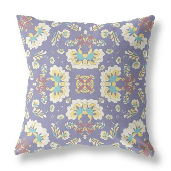 Divine Flowers Indoor/Outdoor Pillow with Removable Cover in Purple Off-White 18x18