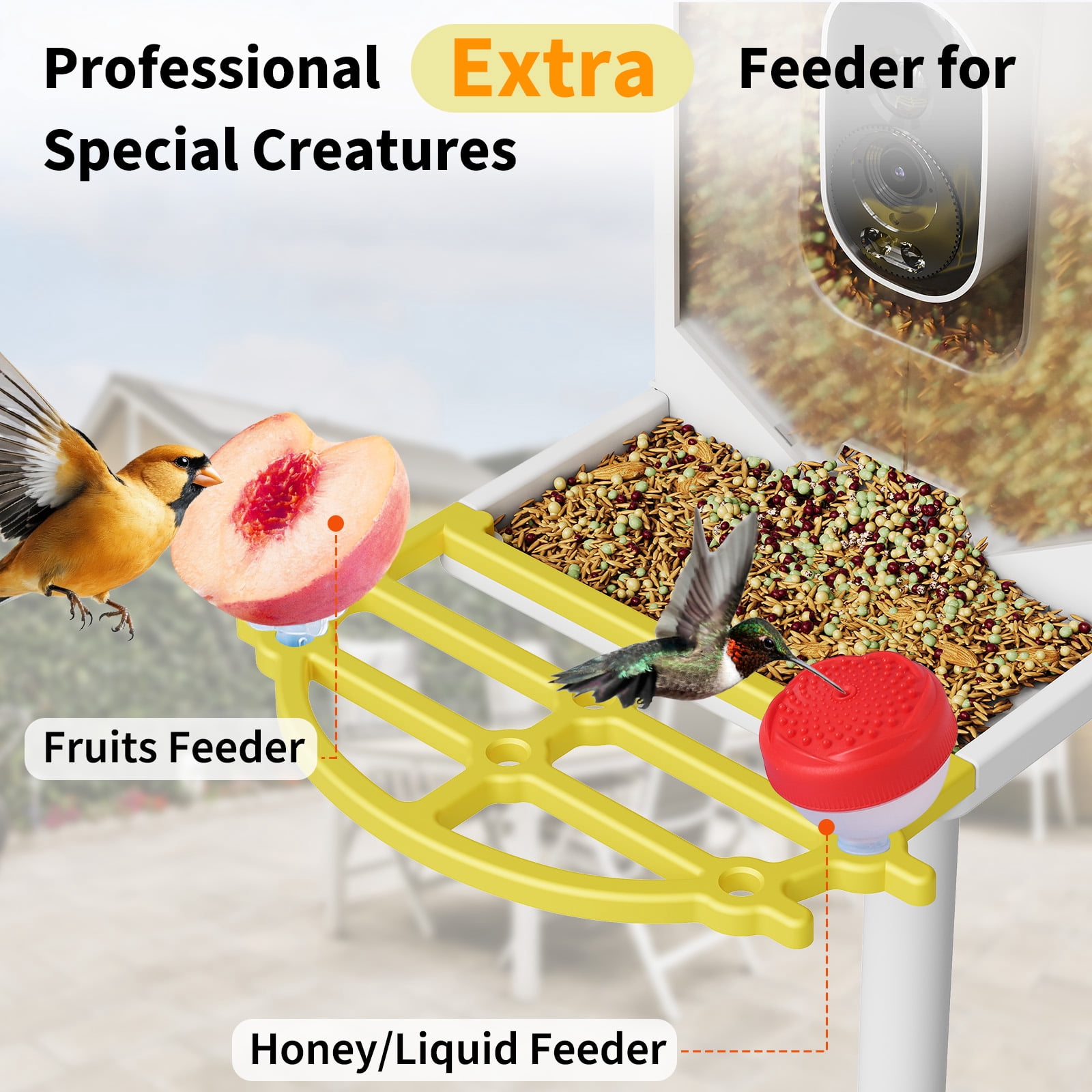 Solar-Powered Smart Bird Feeder with 4K Camera, AI Bird Recognition, Night Vision, App Alerts, Auto Recording, Squirrel Proof, Outdoor Wildlife Monitor, Yellow