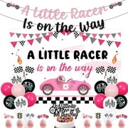 Merrystorm Race Car Baby Shower Decor, A Little Racer Is on the Way Backdrop Banner and Cake Topper Racing Car Traffic Light Flag Cupcake Topper with Latex Balloons for Let’S Go Racing Party Supplies