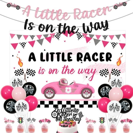 Merrystorm Race Car Baby Shower Decor, A Little Racer Is on the Way Backdrop Banner and Cake Topper Racing Car Traffic Light Flag Cupcake Topper with Latex Balloons for Let’S Go Racing Party Supplies