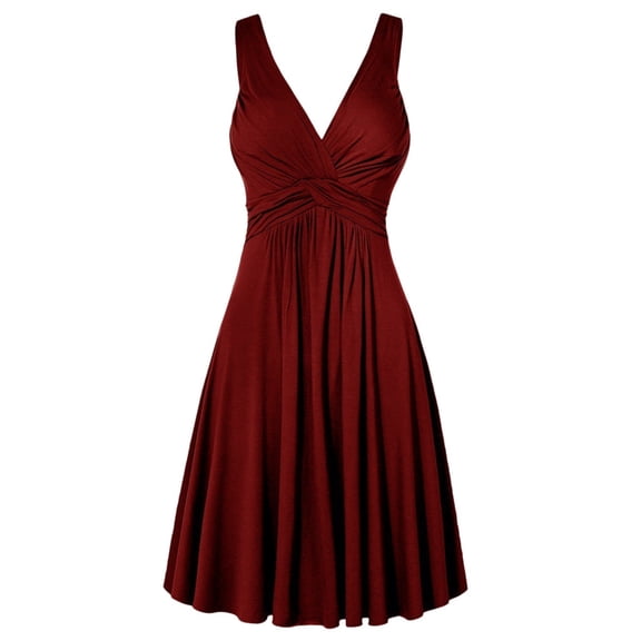 HomeGardon Sleeveless Dress for Women Women's Fashion V-neck Retro Sling Pleated Slim Flare Skirt Dresse