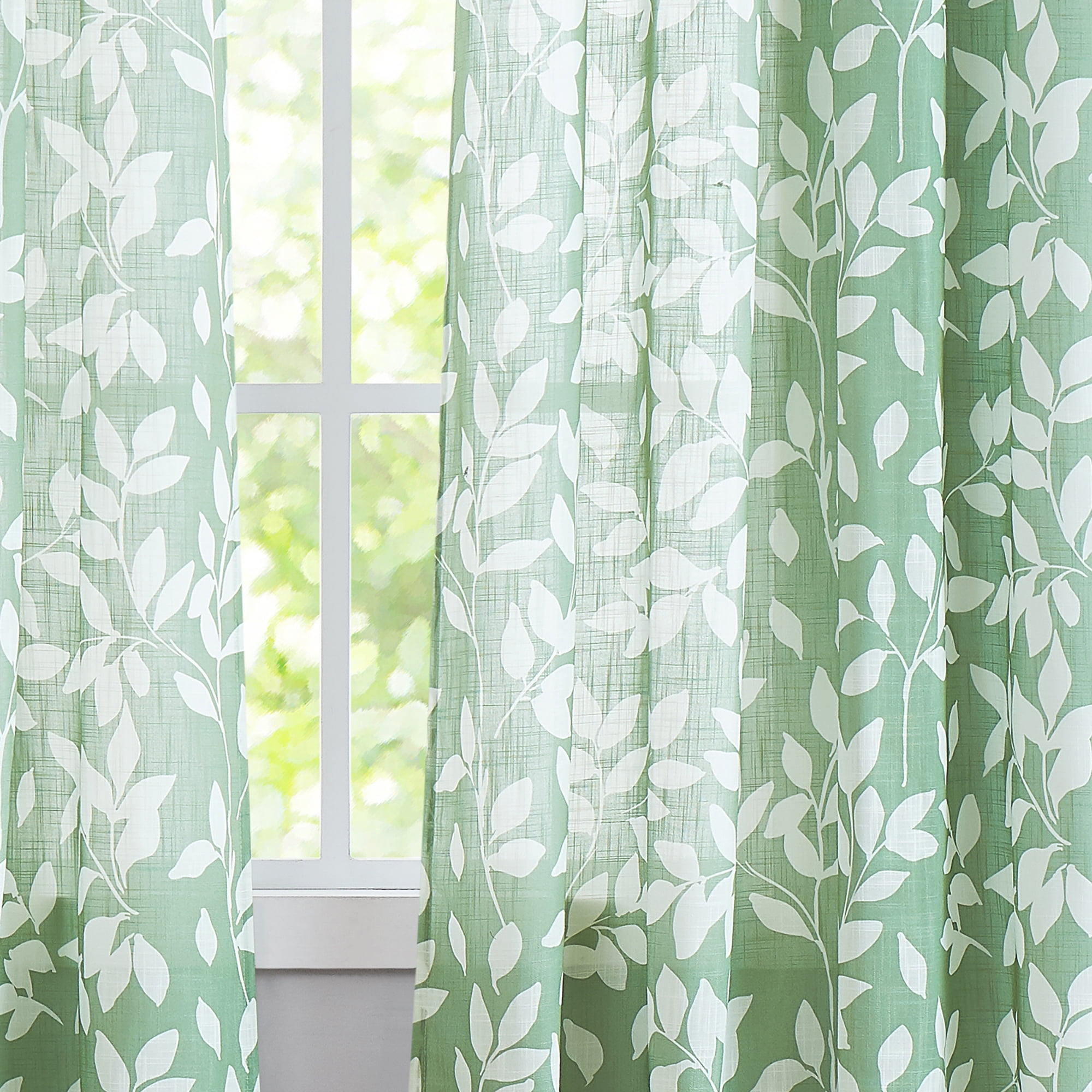 Exultantex Leaf Print Sheer Curtain with Grommets - W55"×L95", Green, Sheer Fabric，Set of 2
