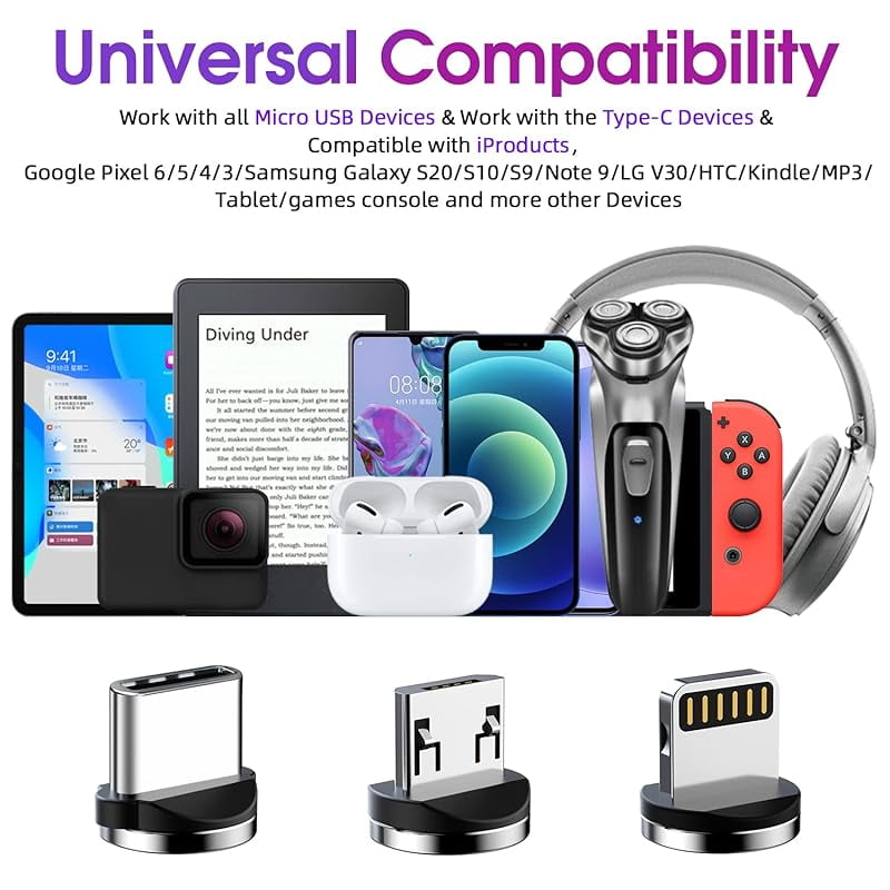 Magnetic charging cable 540 ° rotating magnetic phone charger [6-pack, 3ft/3ft/3ft/6ft/6ft/10ft] 3 in 1 magnetic charger cable nylon braided magnetic USB cable for I-P/Micro USB/Type C device