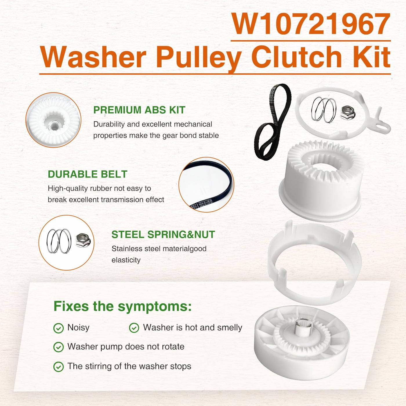 W10913953 49tyz-e120a1 Washer Shift Actuator with W10721967 Washer Pulley Clutch Kit W10006384 Drive Belt Compatible with Top Load Washers Washing Machine