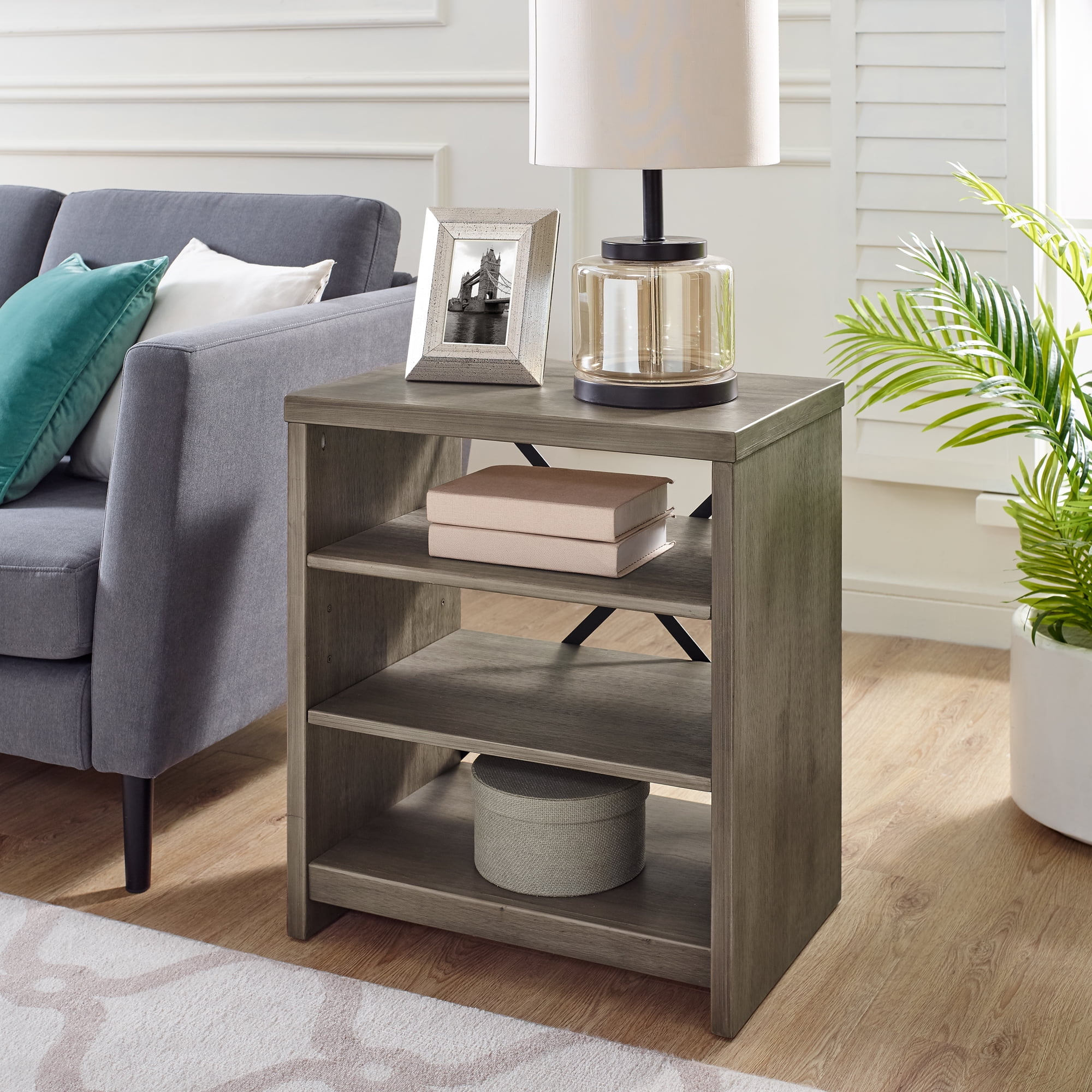 Modern Essentials Georgette Farm House Three Shelf Solid Wood Bookshelf End Table