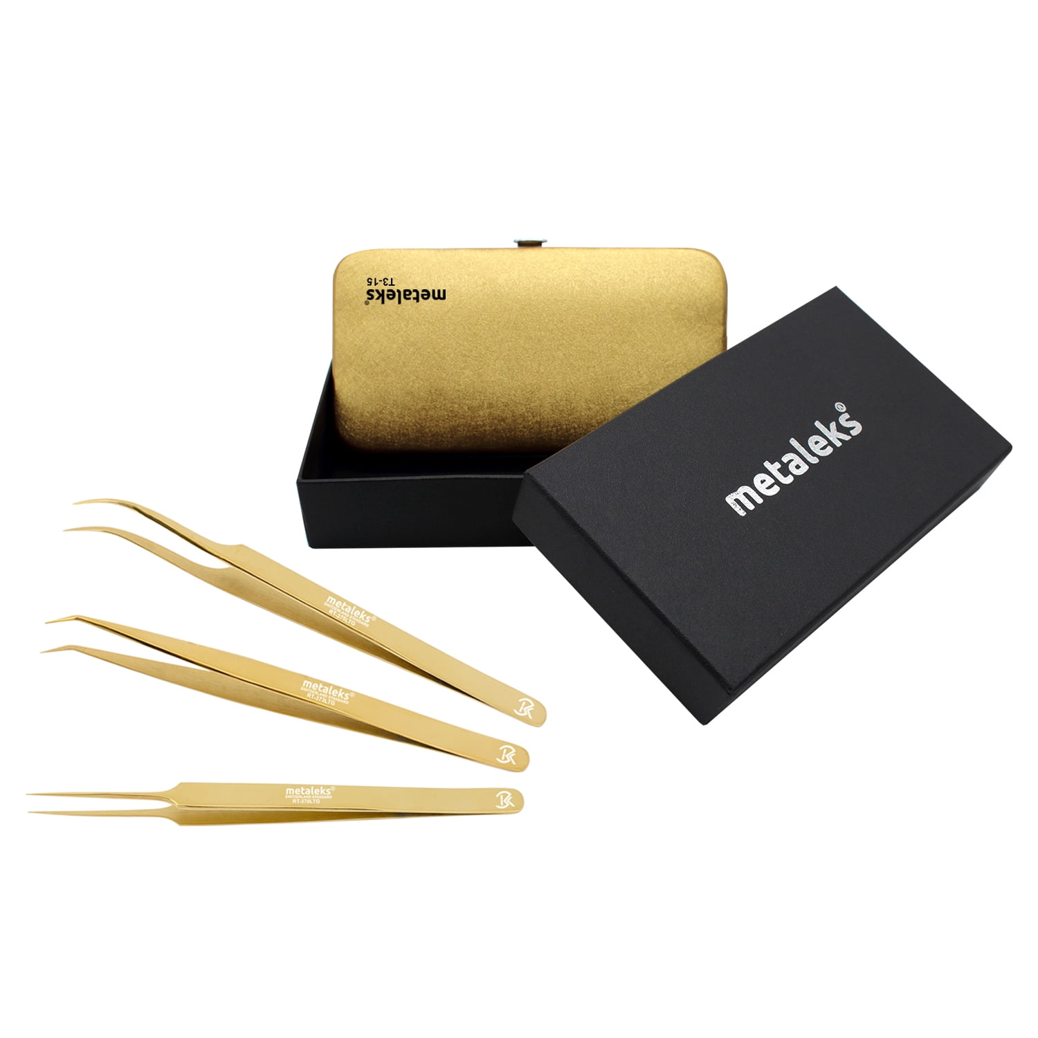 14CM Eyelash Extension Tweezers In Japanese Stainless Steel  Golden Titanium Coated With Magnetic Kit