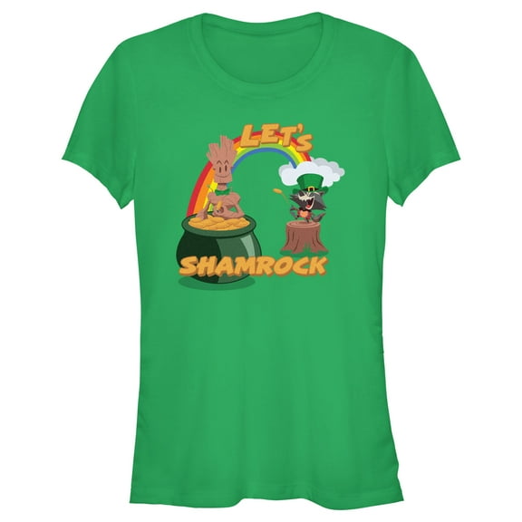 Junior's Marvel Cartoon Rocket and Groot Let's Shamrock  Graphic Tee Kelly Green Large