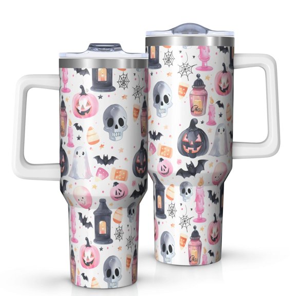 Pastel Halloween Pattern Tumbler with Handle and Lid,40oz Double Wall Vacuum Insulated Tumbler,Cups Gift for Women and Men
