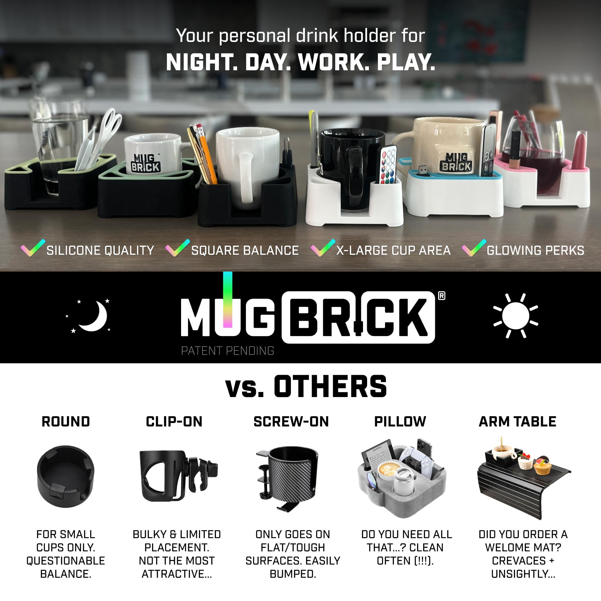 MugBrick Portable Silicone Cup Holder for Desk, Couch, Bed. Dishwasher Safe, Non-Spill Drink Holder for Office, Desktop, Sofa. White