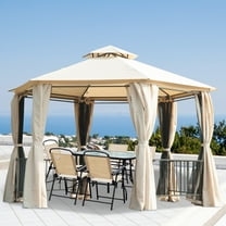 Outsunny 13' x 13' Patio Gazebo, Double Roof Hexagon Outdoor Gazebo Canopy Shelter with Netting & Curtains, Solid Steel Frame for Garden, Lawn, Backyard and Deck, Beige
