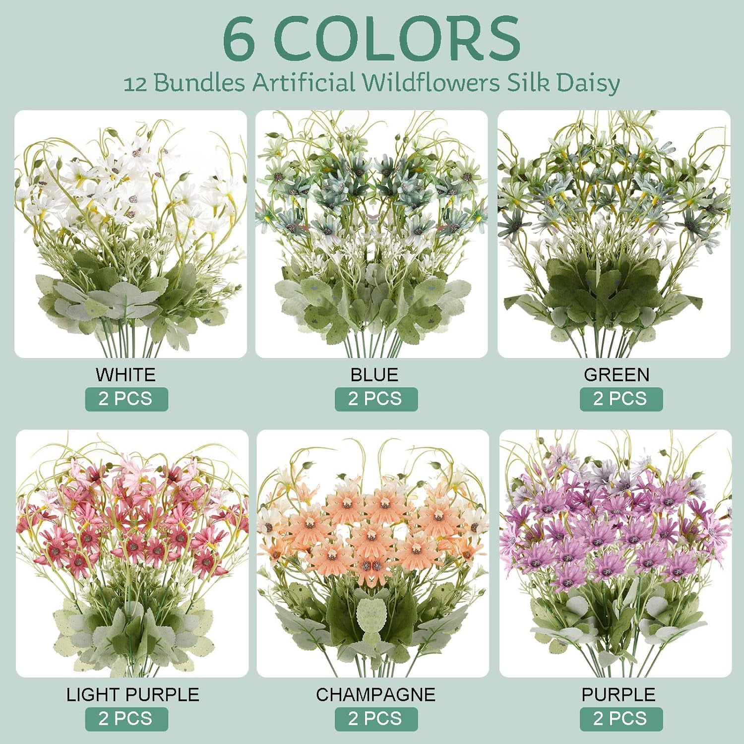 Morttic 12 Bundles Wildflowers Fake Daisy Outdoor Artificial Flowers UV Resistant Silk Wild Flower Bouquets Bulk Faux Plants Plastic Greenery for Decoration Vase Floral Spring Home Decor