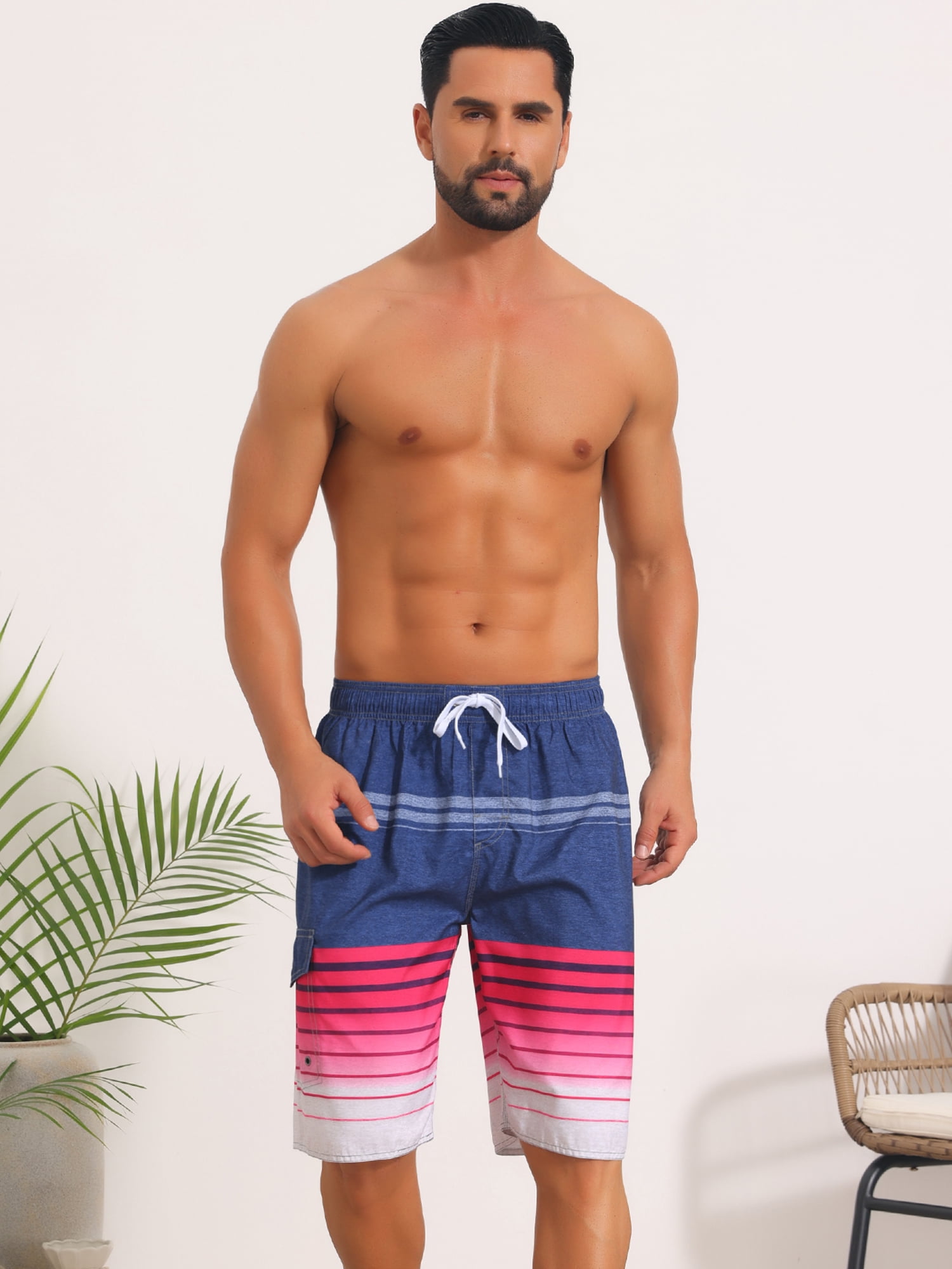 DARING DIVA Men's Striped Beach Drawstring Waist Board Shorts with Pockets 34 Navy Red