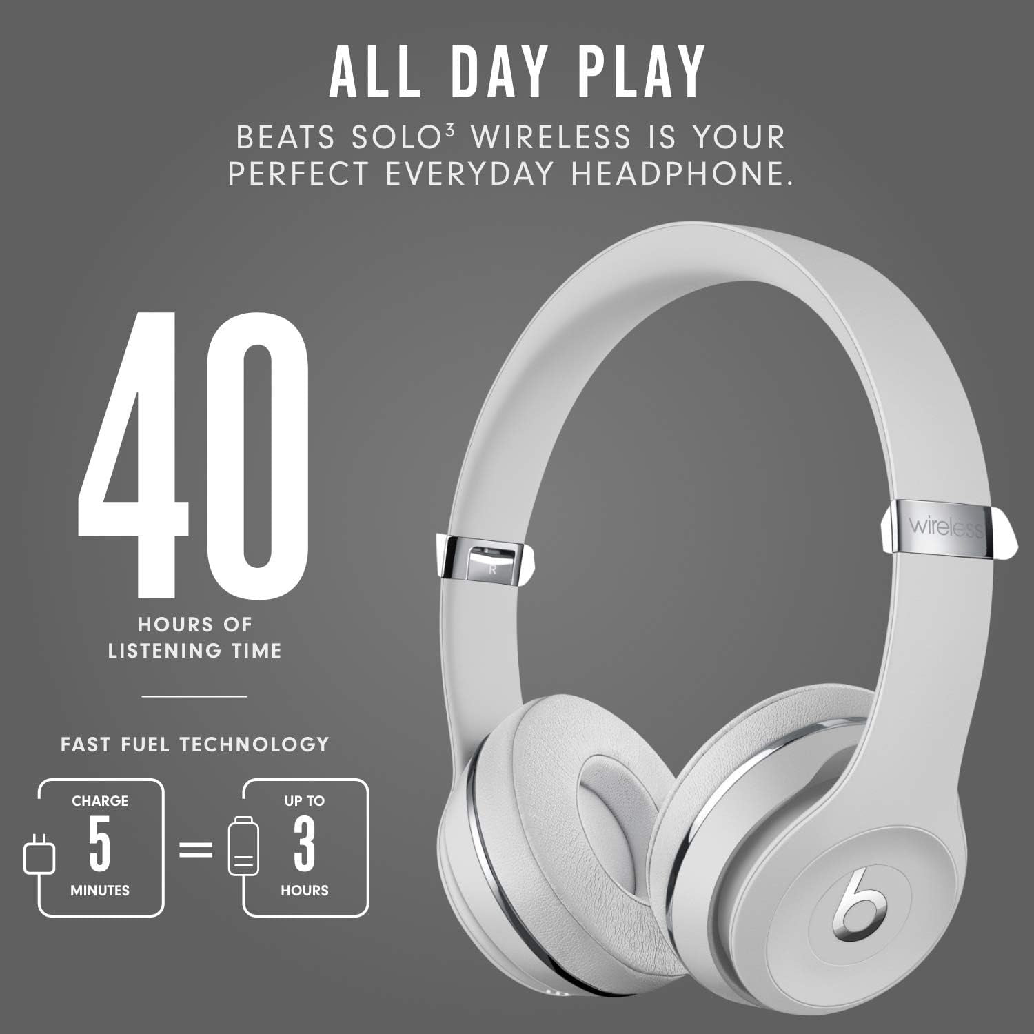 Beats Solo3 Wireless On-Ear Headphones - Apple W1 Headphone Chip, Class 1 Bluetooth, 40 Hours of Listening Time, Built-in Microphone - Silver