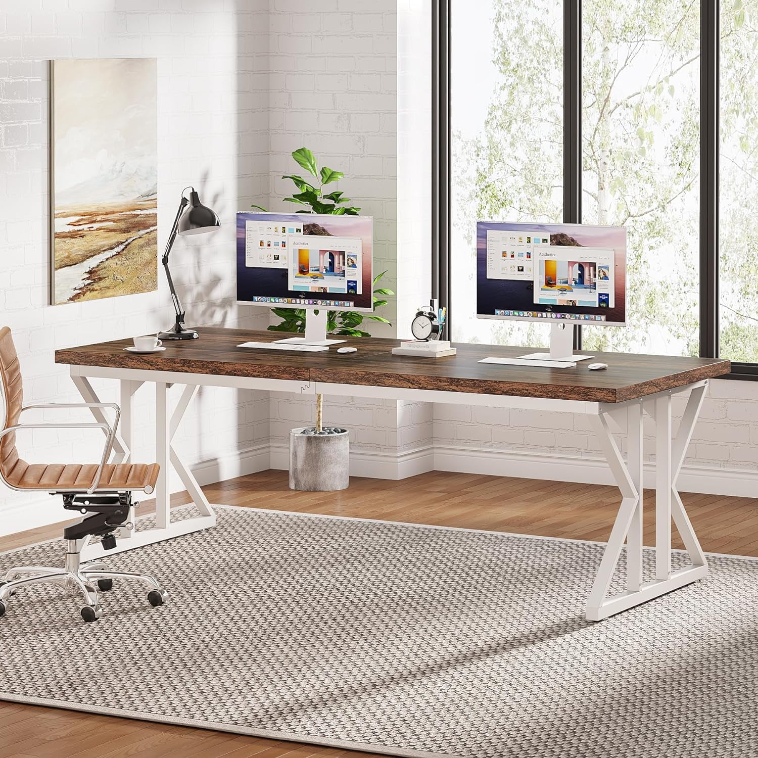 Tribesigns 78.7-Inch Executive Desk, Large Computer Office Desk, Industrial Study Writing Table for Home Office(Brown/White)
