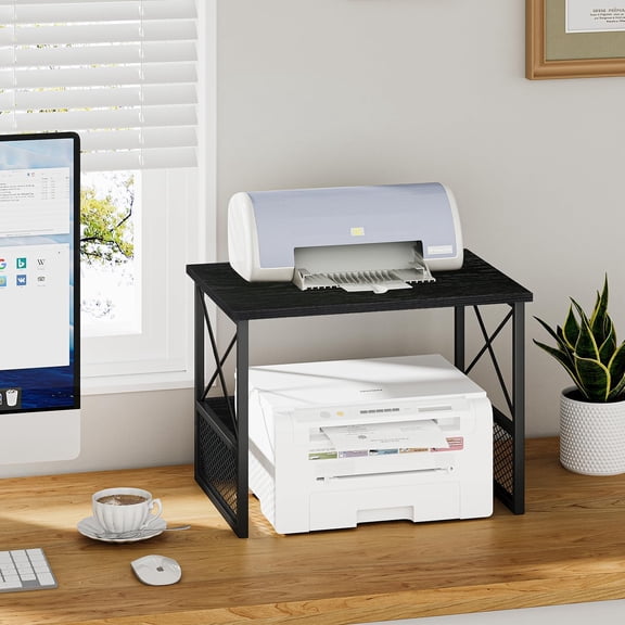 EISRUNGF- Printer Stand for Desk, Desktop Printer Stand Shelf Organzier for Home Office, for Above and Under Desk, Fax Machine Copier Scanner, Black