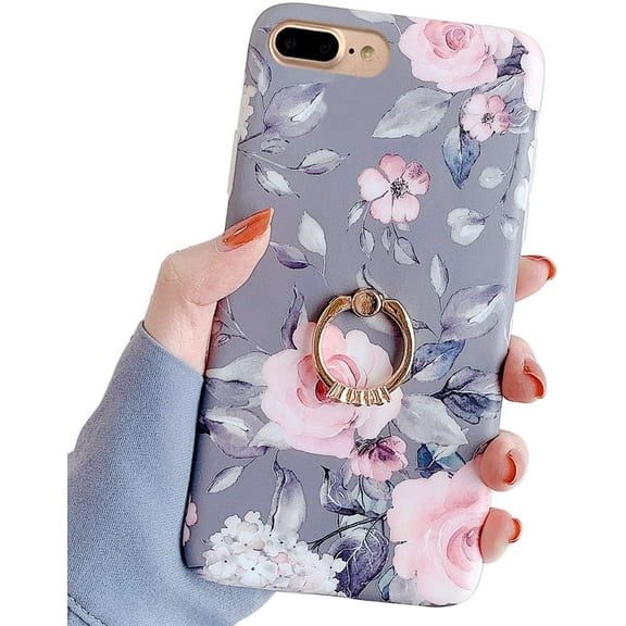 Compatible with iPhone 8 Plus Case,Compatible with iPhone 7 Plus Case 5.5 inch Flower Cute Stand Cover for Women Girls 360 Degree Rotating Ring Kickstand Soft TPU Shockproof Cover Leaf Floral