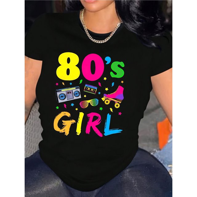 Women'S 80'S Girl Graphic Tee, Short Sleeve Crew Neck T-Shirt, Cotton Knit Fabric, Medium Stretch, Regular Fit, Spring/Summer Casual Top, Alphabet Pattern, YOUNG Clothing