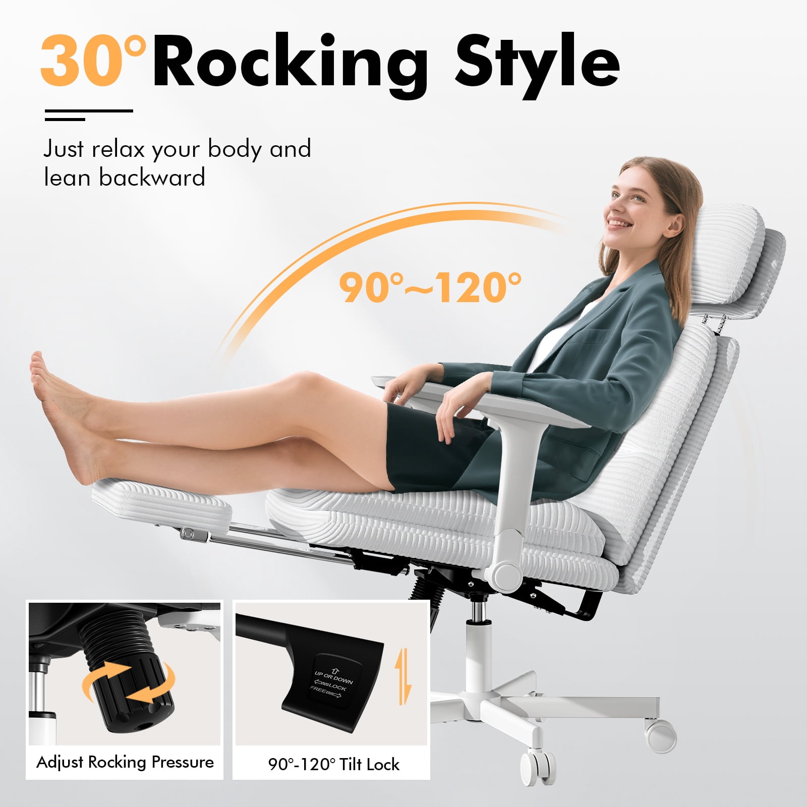 HomeZeer Criss Cross Chair with Flip-up Arms, Executive Criss Cross Legged Office Chair with Footrest, Swivel Corduroy Computer Desk Chair with Lumbar Pillow & Headrest for Home Office, White