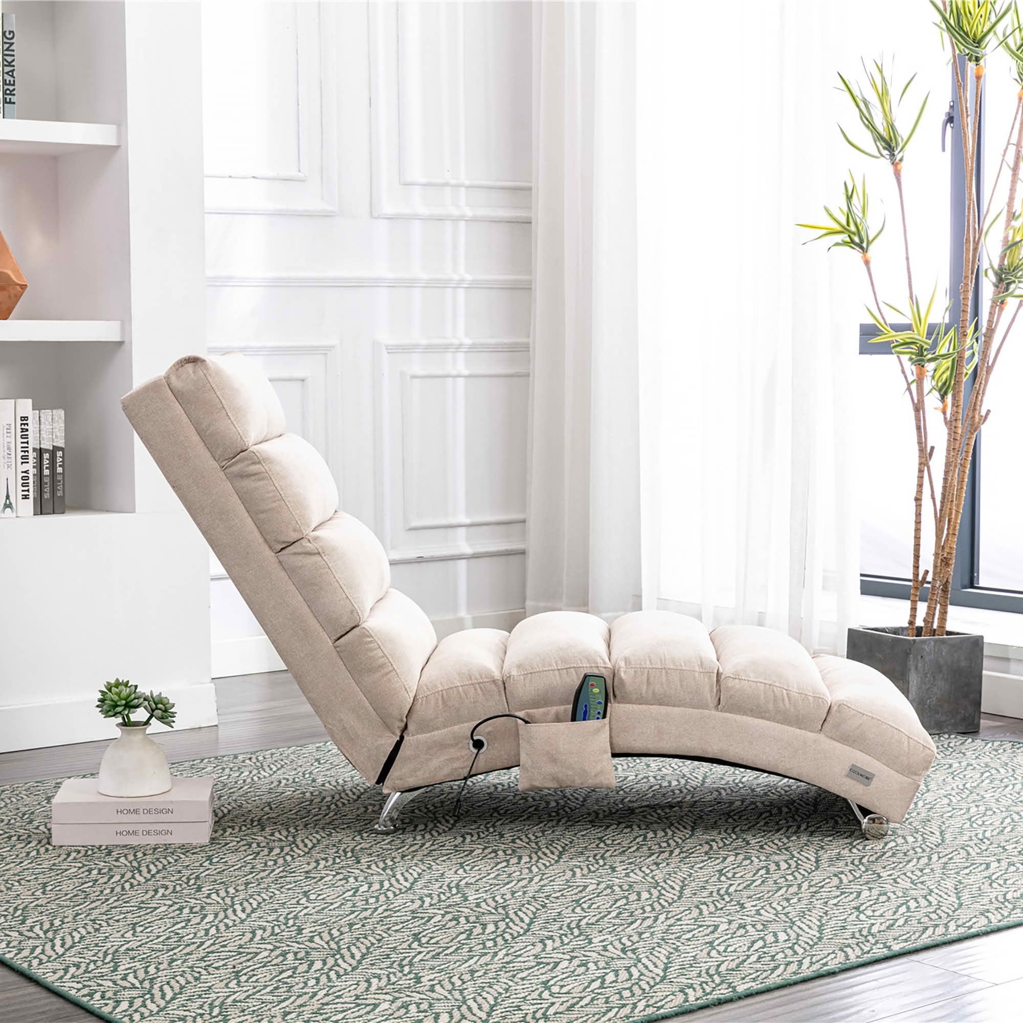 MAYEERTY Vibrating Upholstered Chaise Lounge Chair, Ergonomic Fixed Back Fabric Recliner Sofa with Side Pocket Remote Control for Living Room Bedroom