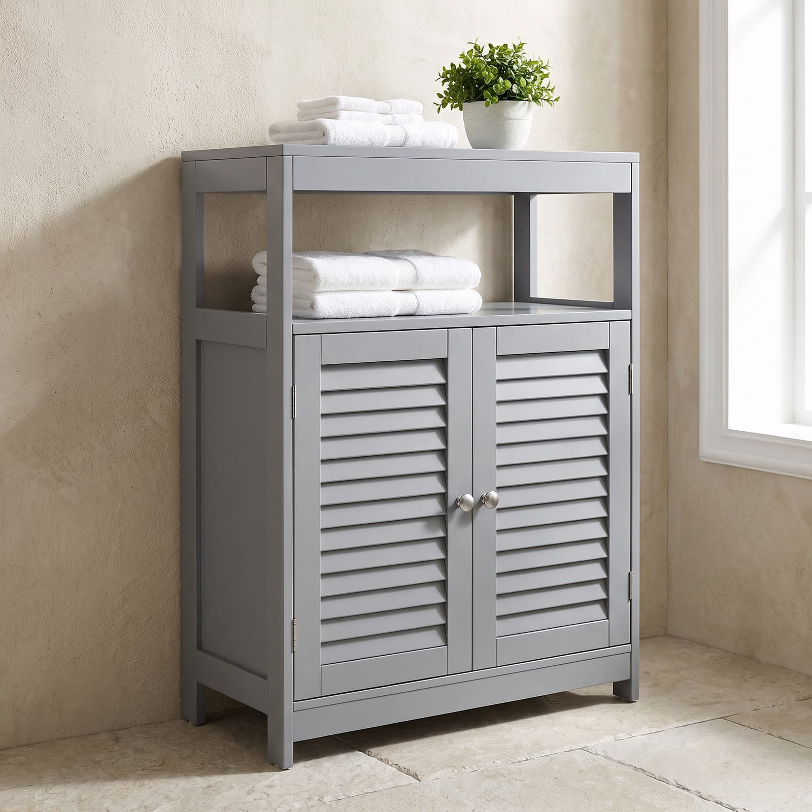 Fenbeli Freestanding Bathroom Floor Cabinet with Double Shutter Doors, MDF Storage Cabinet with Adjustable Shelf and Open Compartment, Side Console Shoe, Gray