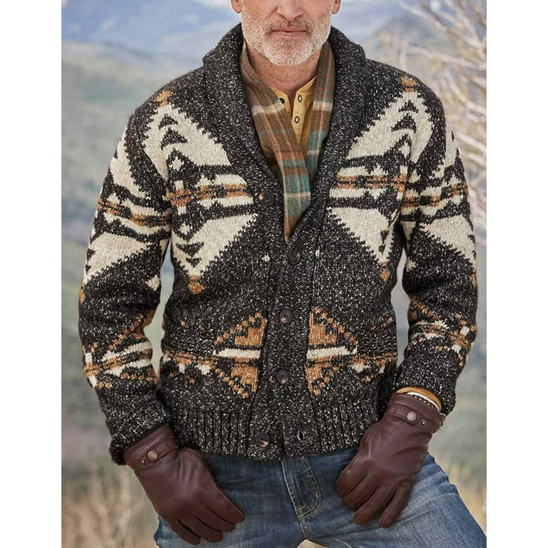 PuliPuqi Men s Casual Vintage Tribal Aztec Print Knitted Warm Button Down Long Sleeve Western Cardigan Sweater Jacket Coat