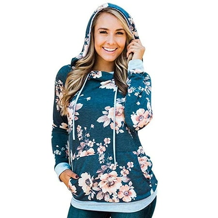 - Women Fashion Plus Size Casual Floral Long Sleeve Kangaroo Pocket Hoodie Hooded Sweatshirt Pullovers