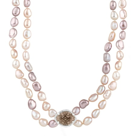 5 ct Natural Smokey Quartz & Freshwater Pink Pearl Necklace with Diamonds in Sterling Silver