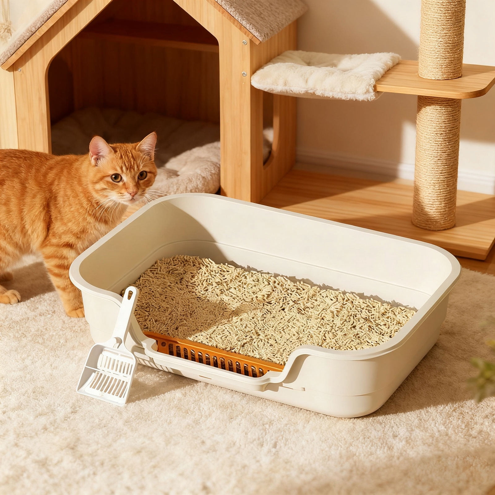Cat Litter Box Semi-Enclosed, High Sided Anti-Splatter Litter Pan with Scoop, Odor Control, for Indoor Small to Medium Cats 17 Inch，Beige