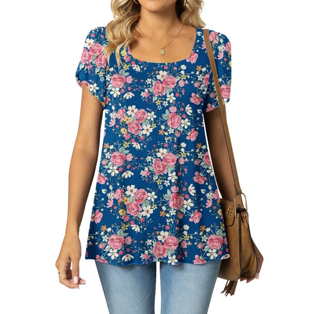 SMihono Hauts pour Femmes Été Mode Décontractée Col Montant Imprimé Pétale Manches Courtes - T-Shirts Grande Taille