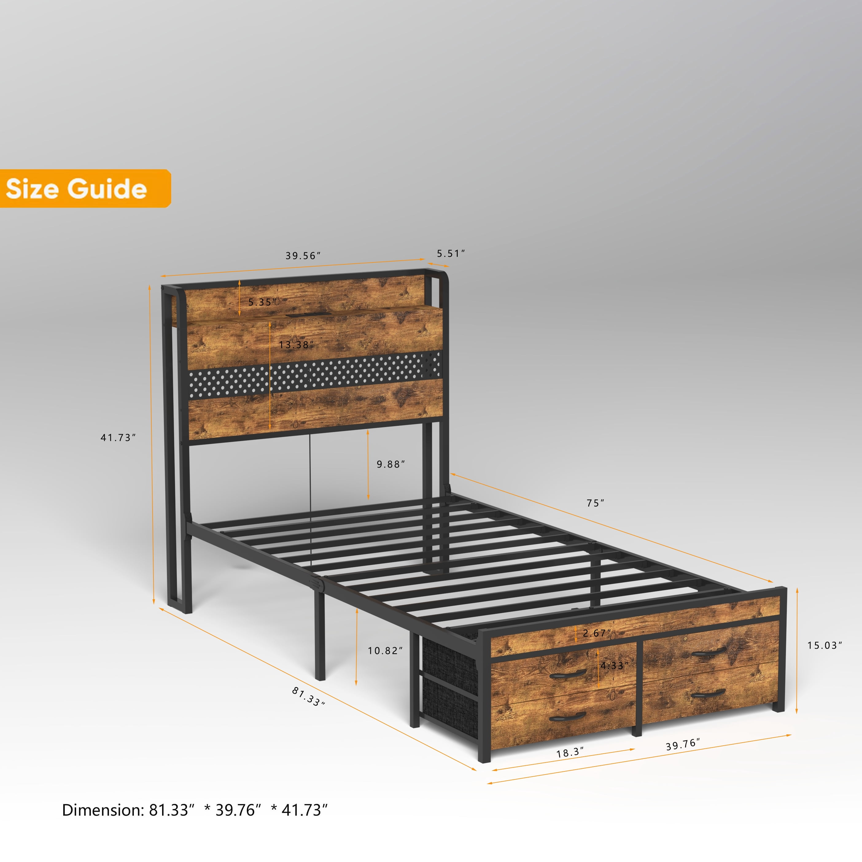 Miniyam Twin Size Bed with Storage Drawers, Charging Station for Adult, Brown