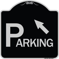 SignMission Designer Series Sign - Parking with Arrow Pointing to Top Left | Black & Silver 18" X 18" Heavy-Gauge Aluminum Architectural Sign | Protect Your Business & Municipality |