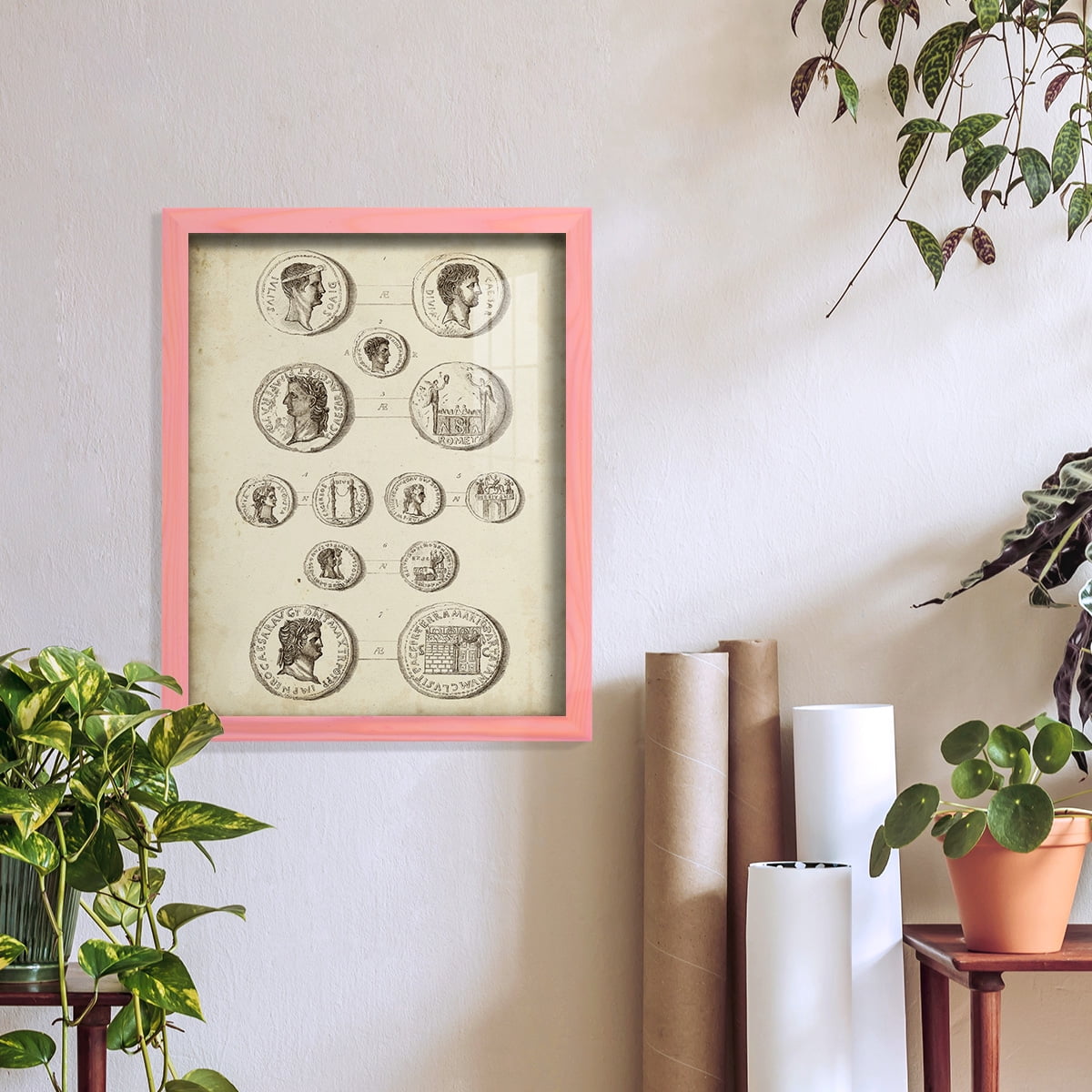 Antique Roman Coins I -Framed Print w/glass-Sunset Pink