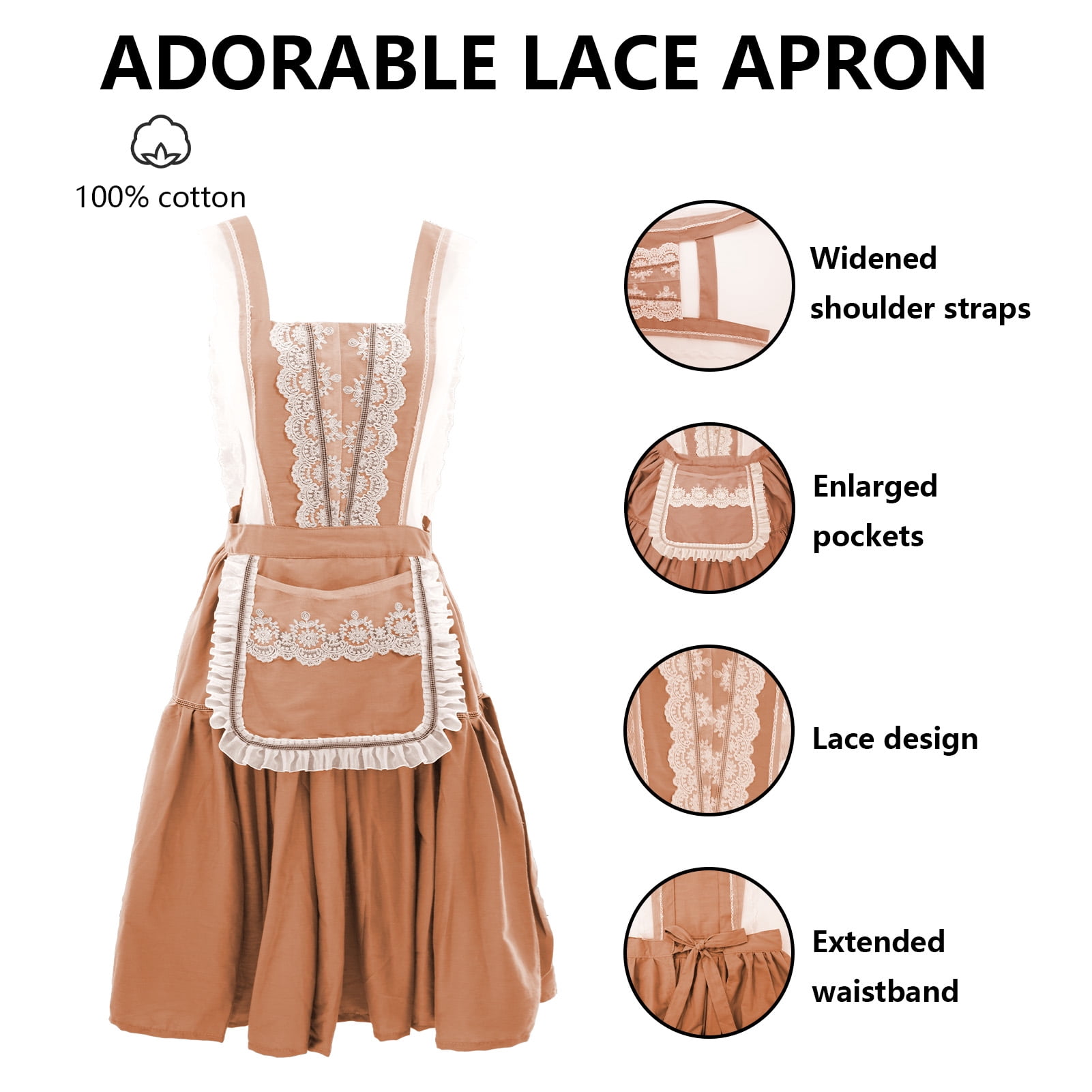 FEOYA Kitchen Apron for Women Cotton Apron Vintage Pinafore Apron Chef Lace Aprons Dress with Packet for Cooking Baking Gardening Work Cake Brown