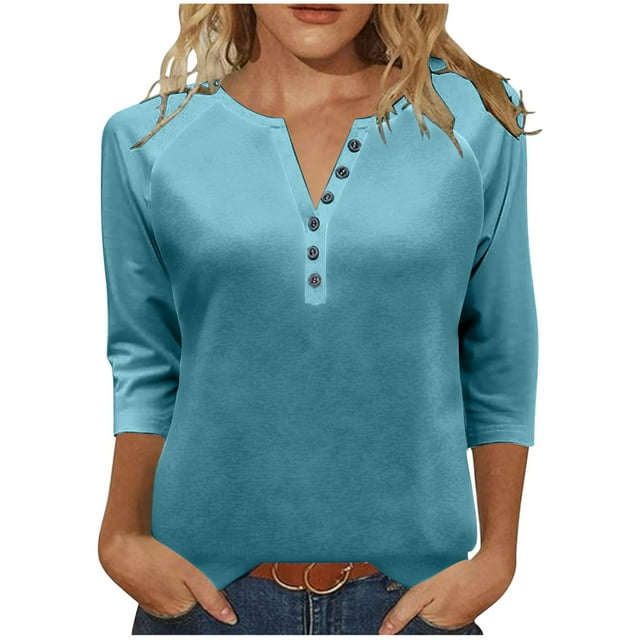 Chbgutlmr 3/4 Length Sleeve Womens Tops Notched V Neck Button Dressy Casual Solid Color Raglan Blouses