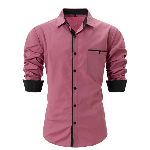 WREESH Men's Dress Button Down Shirts Casual Hollow Out Solid Color Short Sleeve Turndown Collar Shirts Stylish Tops Pink