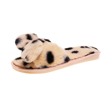 

Youmylove Women Slide Slippers Slip-On Furry Flat Home Leopard Bow Open Toe Warm Slippers Shoes Stylish Female Cozy Daily Walking