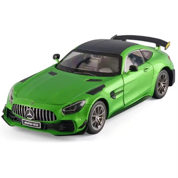 Modèle Réduit de Voiture Mercedes-Benz AMG GTR à l'Échelle 1:18 - Flamme Magique Vert Mat Jaune avec Carrosserie en Alliage de Zinc, Pièces en ABS et Caoutchouc. Caractéristiques : Miroirs Pliables, Roues avant Contrôlées par Volant