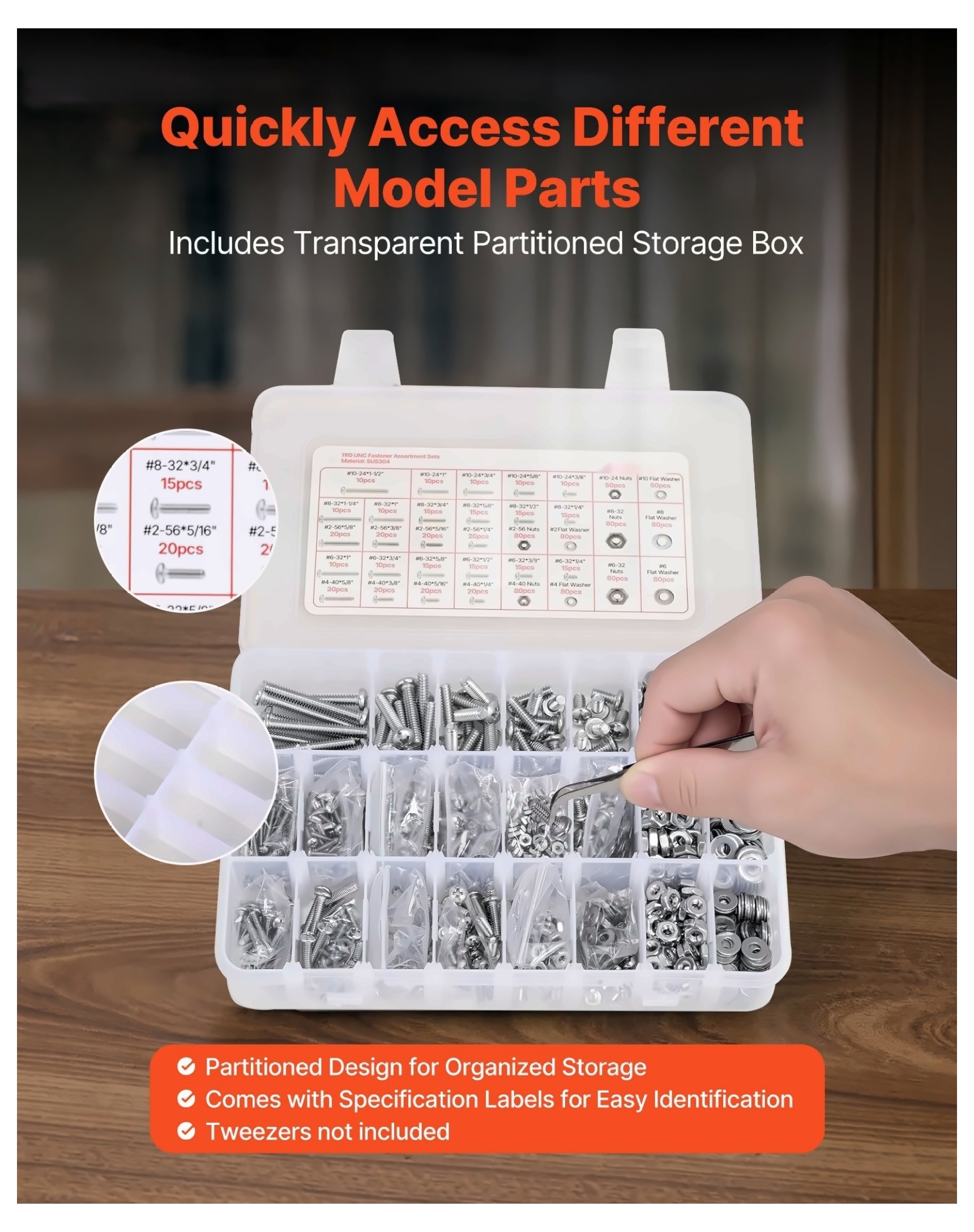 Stainless Steel Bolt Nut Assortment Kit - 1110 Pcs Imperial Fasteners for Furniture, DIY, & Repairs