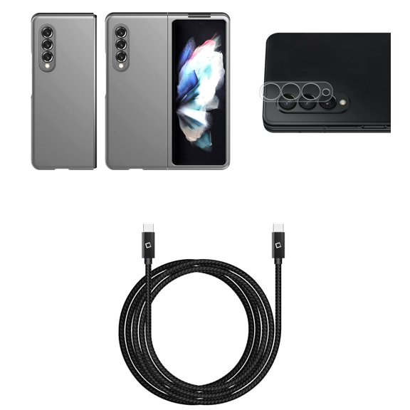 Bemz Accessory Bundle for Galaxy Z Fold 3 5G: Slim Rubberized Matte Snap On Case (Grey), Rear Camera Glass Screen Protector, Heavy Duty USB-C to USB-C Cable (4ft)