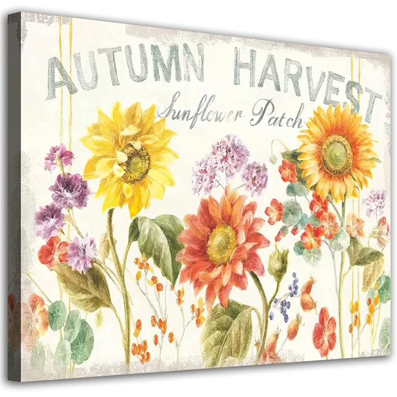 Flowers Canvas Wall Art Sunflower Canvas Pictures Autumn Harvest Landscape Painting Vintage Floral Wall Artwork Prints for Home Living Room Bedroom Office Wall Decor Framed Ready to Hang 12"x16"