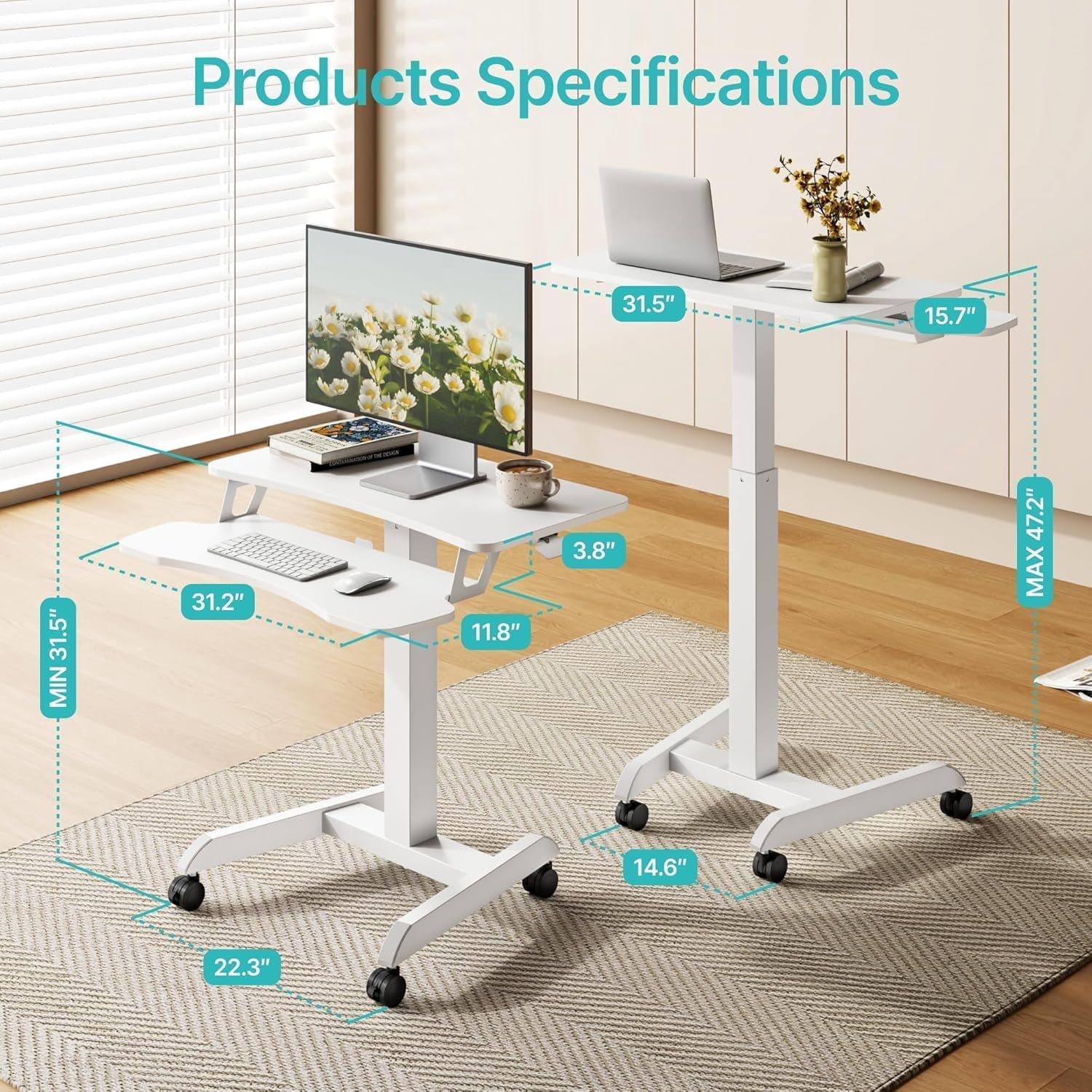 Standing Rolling Desk-Height Adjsutable up to 47.2' Rolling Podium for Teachers, 31.2'× 27.5' Dual Tier Sanding Desk for Classroom, Moveable Laptop Cart, Teacher Podium with Wheels, White