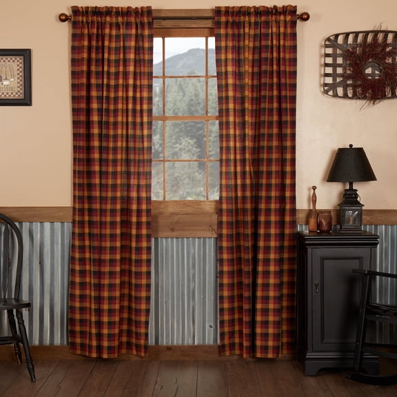 VHC Brands Heritage Farms Window Curtains, Primitive Check Panel Set of 2, Red, 84x40