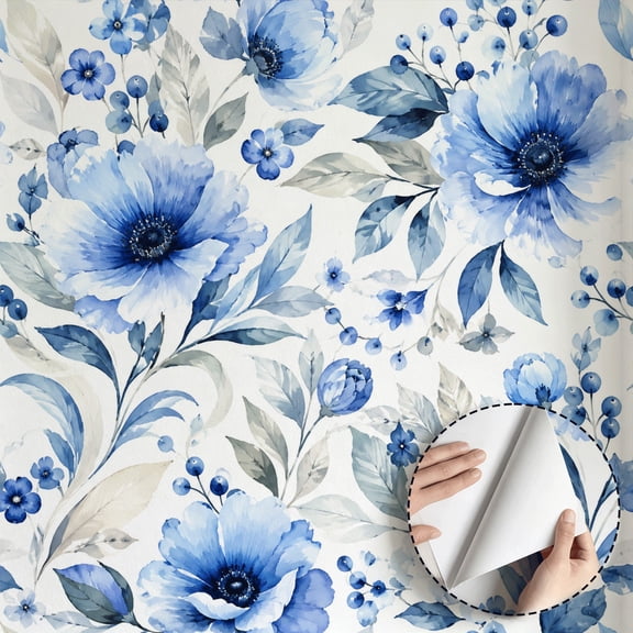 Watercolor Blue Floral Wallpaper Modern Aesthetic Rustic Peel and Stick Wallpaper Waterproof Home Decor for Living Room Bedroom Bathroom Kitchen Cabinet Dorm Room