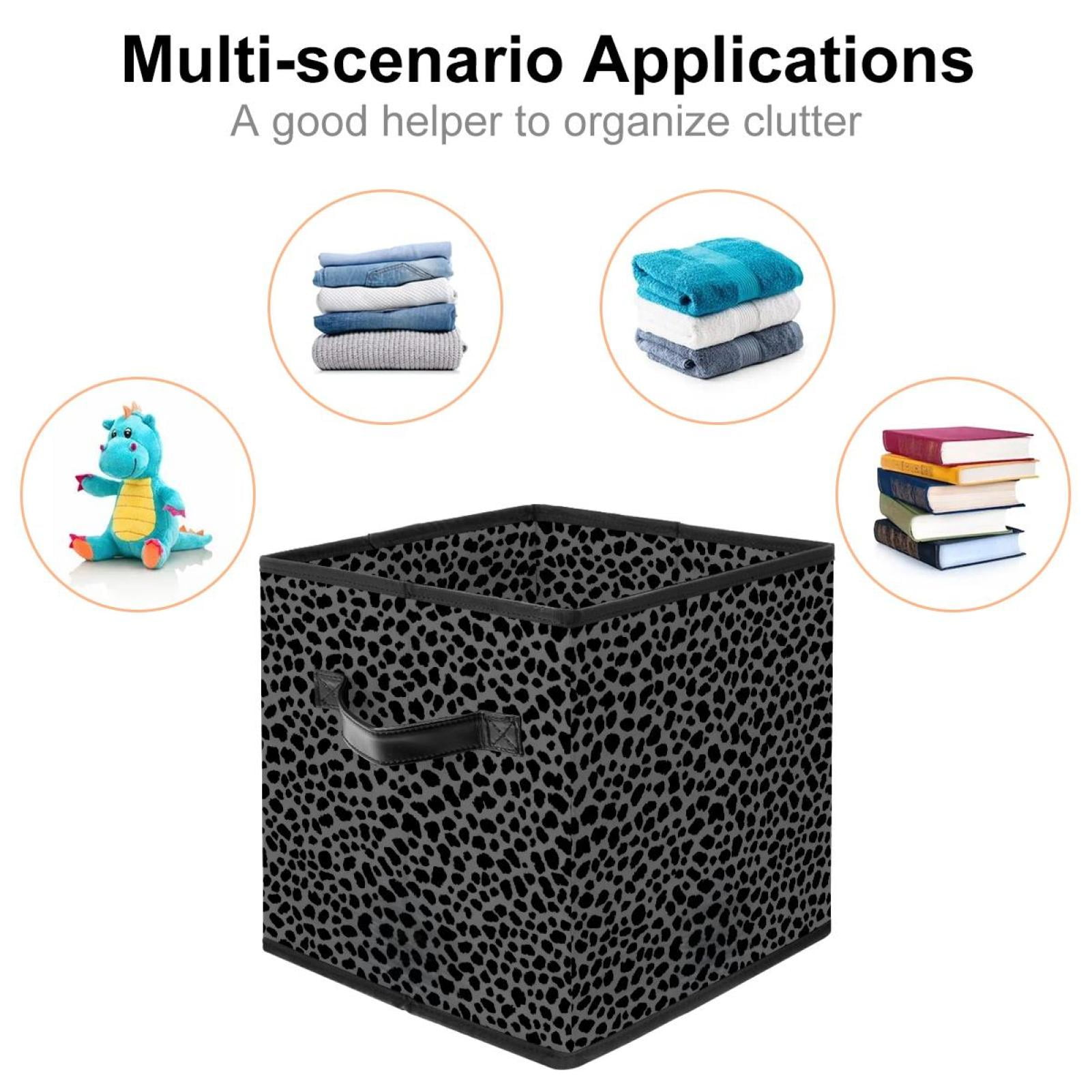 RATGDN Collapsible Fabric Cube Storage Bin with Double Handles for Living Room Bedroom Office Black - Gray Black Leopard Print Pattern