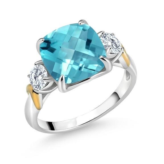 Gem Stone King 925 Silver and 10K Yellow Gold Swiss Blue Topaz and Lab Grown Diamond 3 Stone Ring for Women (4.59 Cttw, Gemstone Birthstone, Cushion Checkerboard 10MM, Round 4MM, Size 5)