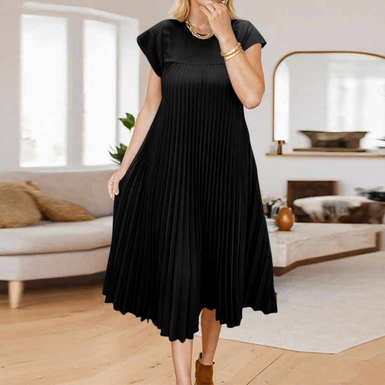 mid length beach dresses YWJOUDA Plus Size Beach Dresses for Womens 2026 Summer Fashion Casual Short-sleeved Mid-length Pleated High-waisted Solid Color Dress, Women's, Size: